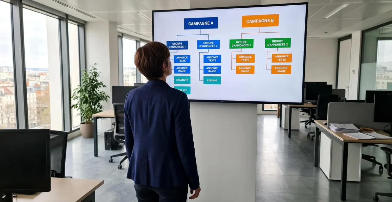 Tableau de bord Google Ads montrant indicateurs de performance clés avec taux de conversion, coût par acquisition et retour sur investissement publicitaire, graphiques d'évolution temporelle des conversions