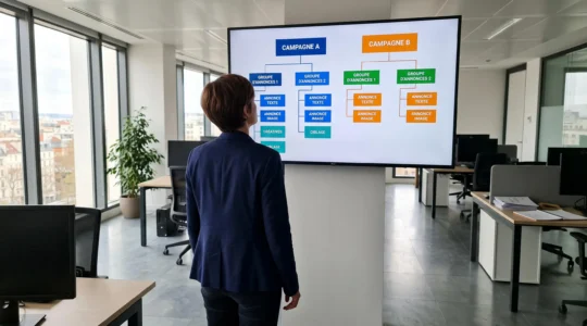 Tableau de bord Google Ads montrant indicateurs de performance clés avec taux de conversion, coût par acquisition et retour sur investissement publicitaire, graphiques d'évolution temporelle des conversions